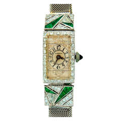 Antique Robbins Lady's Platinum, Diamond and Emerald Art Deco Wristwatch