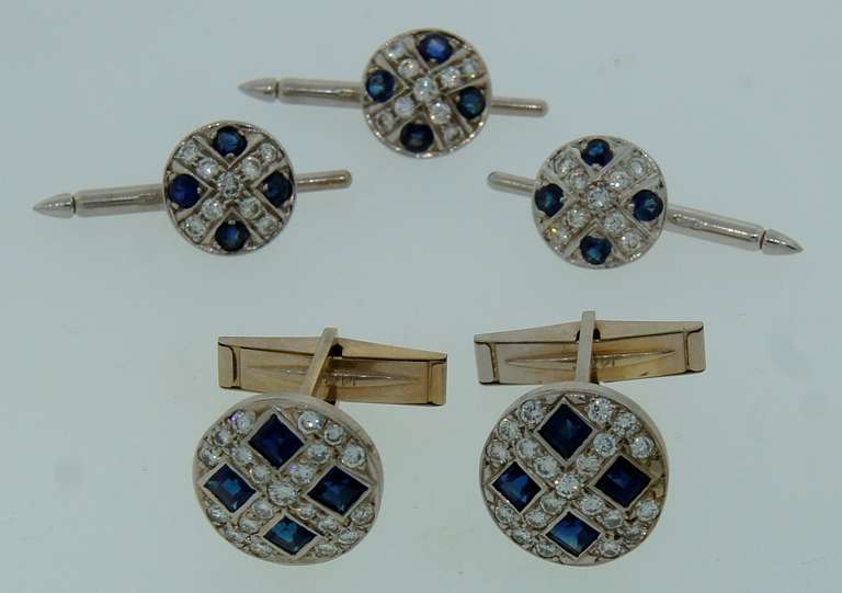 Contemporary Sapphire Diamond & White Gold Cufflinks & Studs Set