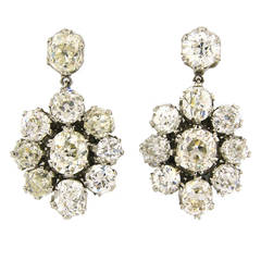 Antique Art Deco Cushion Cut Diamond Platinum Flower Motif Dangle Earrings