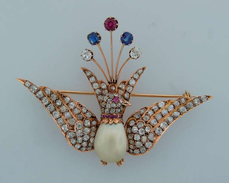 Victorian 1900s Natural Pearl Diamond Ruby Sapphire & Rose Gold Peacock Brooch Pin