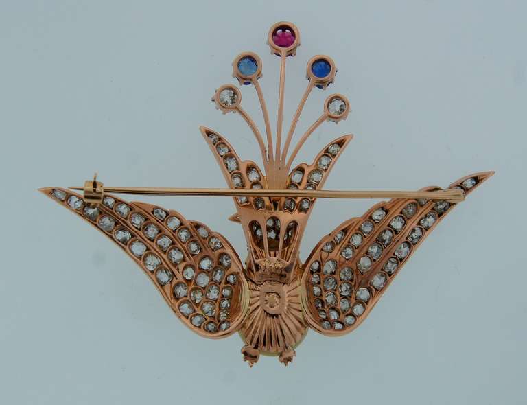 1900s Natural Pearl Diamond Ruby Sapphire & Rose Gold Peacock Brooch Pin In Excellent Condition In Beverly Hills, CA