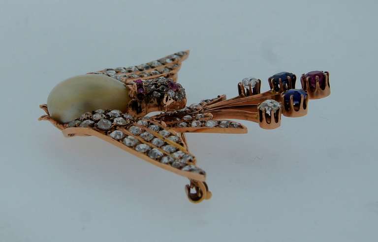Women's 1900s Natural Pearl Diamond Ruby Sapphire & Rose Gold Peacock Brooch Pin
