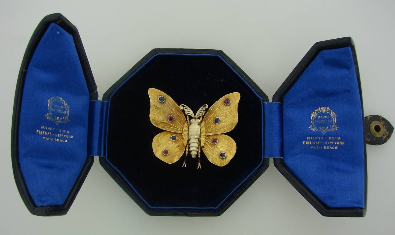 1950s MARIO BUCCELLATI Ruby Sapphire Yellow Gold Butterfly Pin Brooch 3