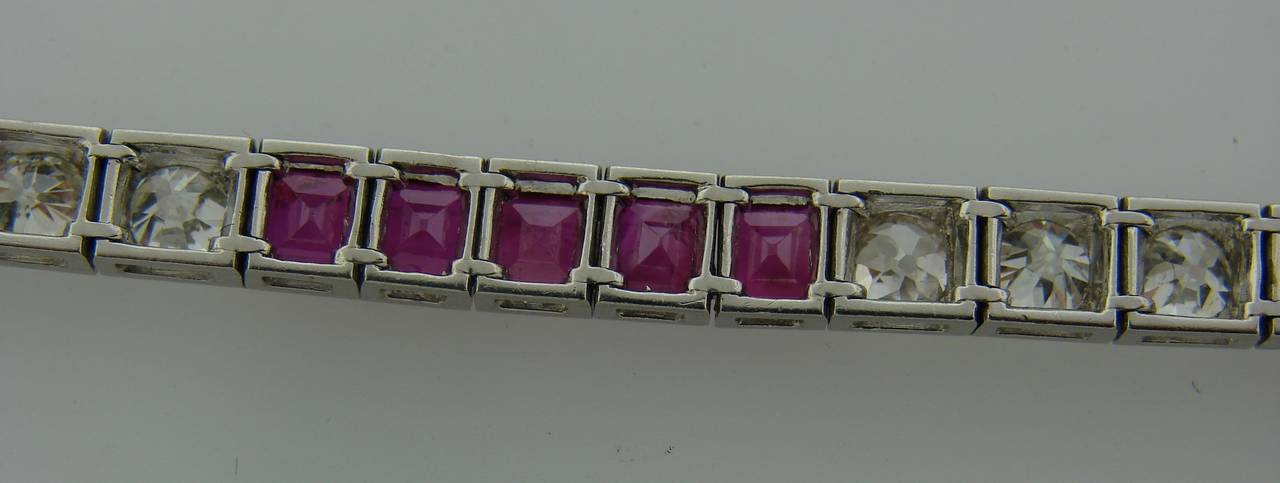 Women's Art  Deco CARTIER Diamond Ruby Platinum Straight Line Tennis Bracelet