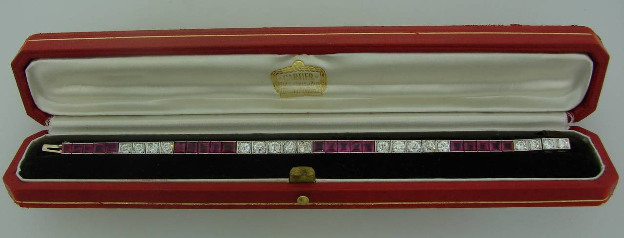 Art  Deco CARTIER Diamond Ruby Platinum Straight Line Tennis Bracelet 1
