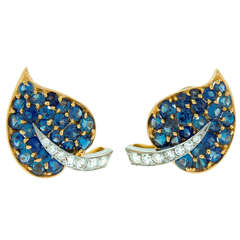 Van Cleef & Arpels Sapphire Diamond & Yellow Gold Leaf Earrings