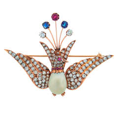 1900s Natural Pearl Diamond Ruby Sapphire & Rose Gold Peacock Brooch Pin