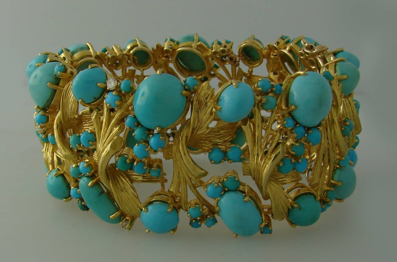 1970s Turquoise Diamond Gold Bracelet In Excellent Condition In Beverly Hills, CA