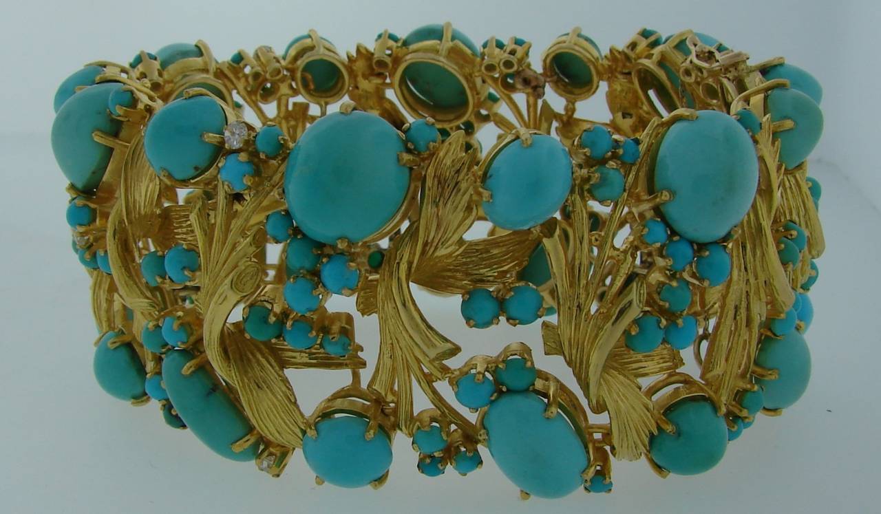 Women's 1970s Turquoise Diamond Gold Bracelet