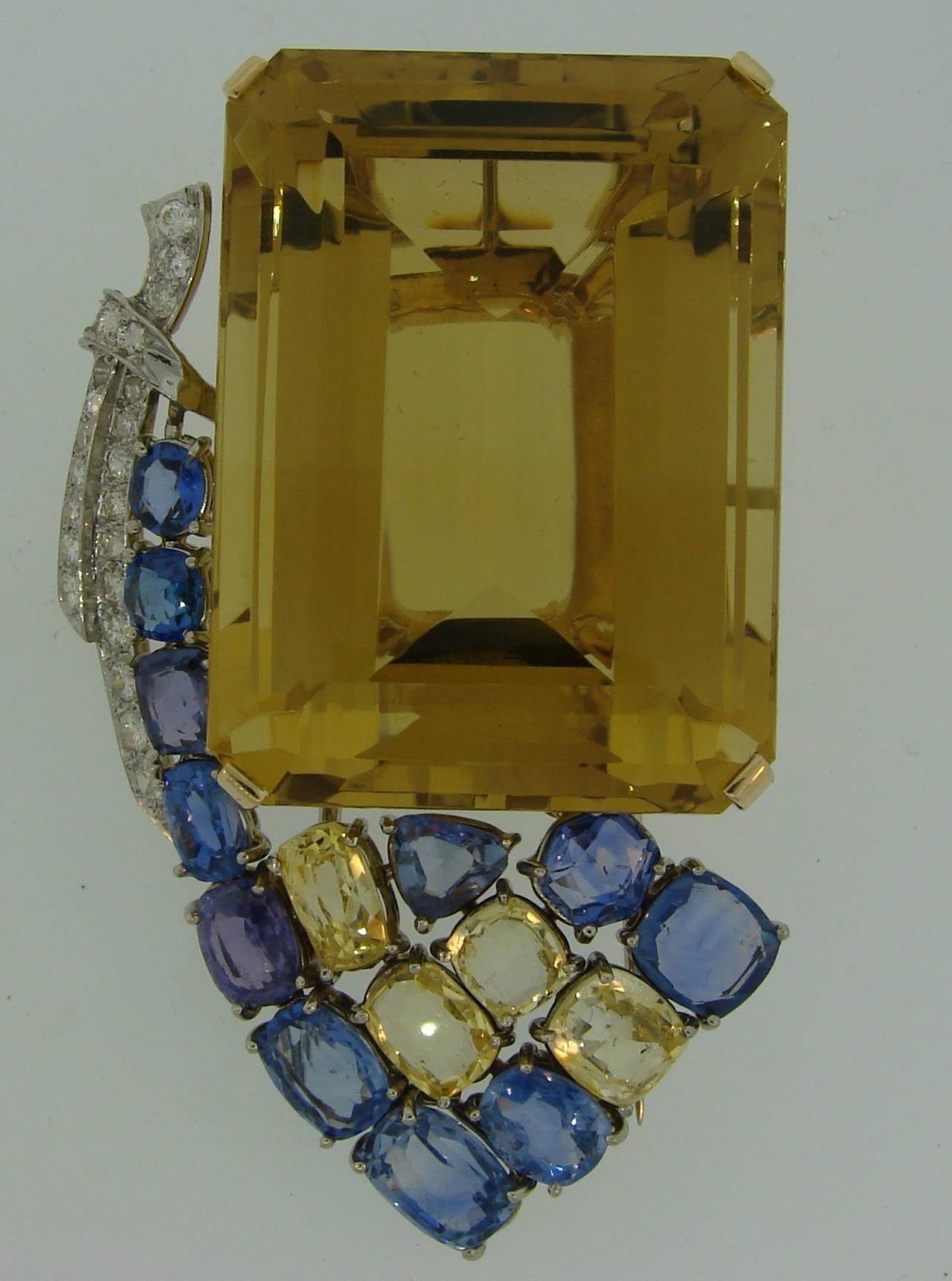 1940s Seaman Schepps Citrine Sapphire Diamond Gold Pin Brooch 1