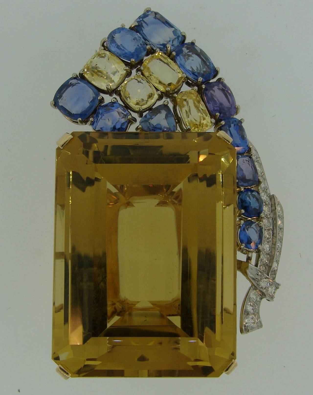 1940s Seaman Schepps Citrine Sapphire Diamond Gold Pin Brooch In Excellent Condition In Beverly Hills, CA