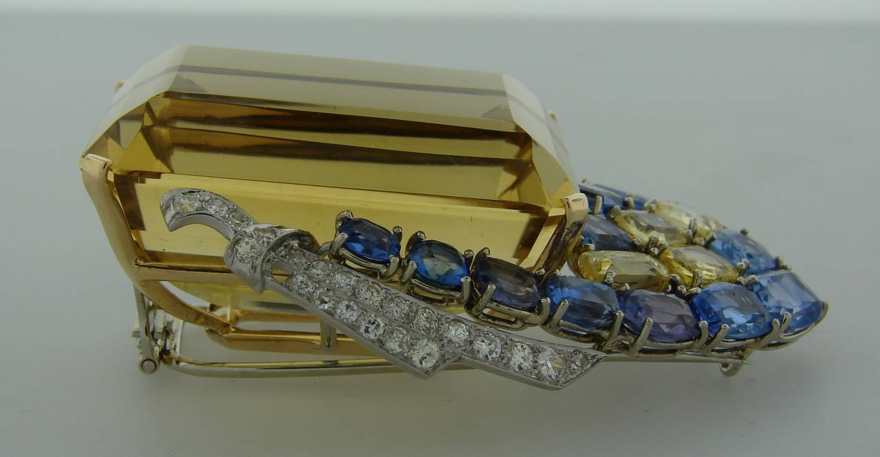 1940s Seaman Schepps Citrine Sapphire Diamond Gold Pin Brooch 3