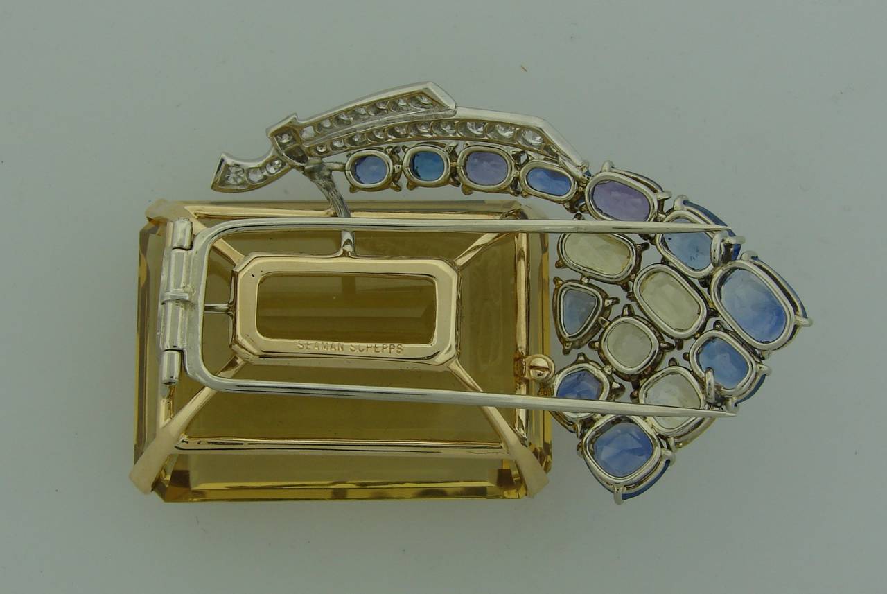 1940s Seaman Schepps Citrine Sapphire Diamond Gold Pin Brooch 4