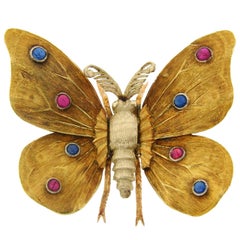 1950s MARIO BUCCELLATI Ruby Sapphire Yellow Gold Butterfly Pin Brooch
