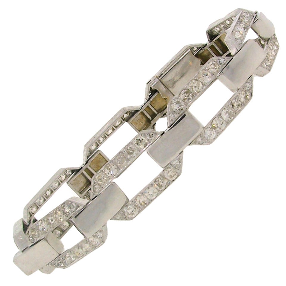 French 1920s Diamond Platinum White Gold Link Bracelet For Sale