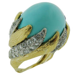 1980s DAVID WEBB Turquoise Diamond Platinum Yellow Gold Ring