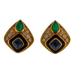 1980s MARINA В Diamond Emerald Enamel & Yellow Gold Earrings
