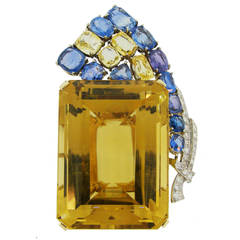 1940s Seaman Schepps Citrine Sapphire Diamond Gold Pin Brooch