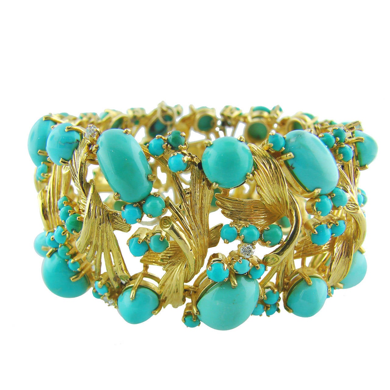 1970s Turquoise Diamond Gold Bracelet