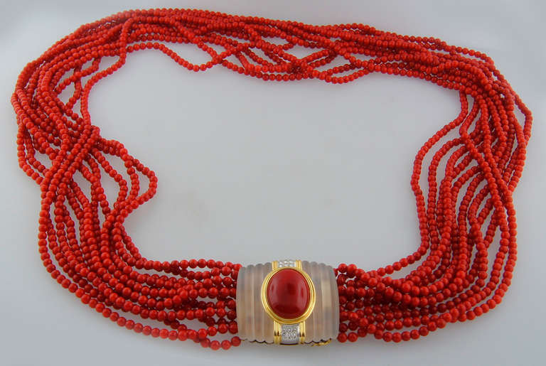 Diamond Rock Crystal Coral Bead Necklace 1950 In Excellent Condition In Beverly Hills, CA