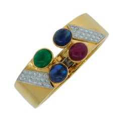 1970s DAVID WEBB Diamond Sapphire Ruby Emerald & Yellow Gold Cuff Bracelet