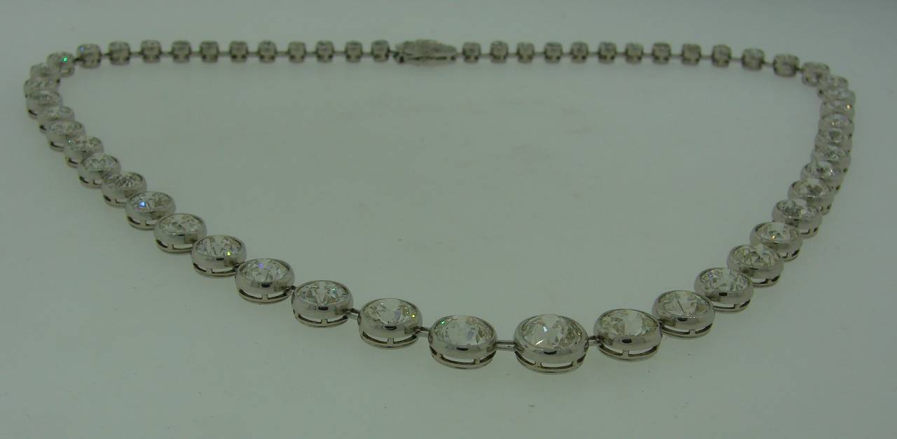 Women's Art Deco Diamond Platinum Riviere Necklace 1920s 25 Carat Old European Cut