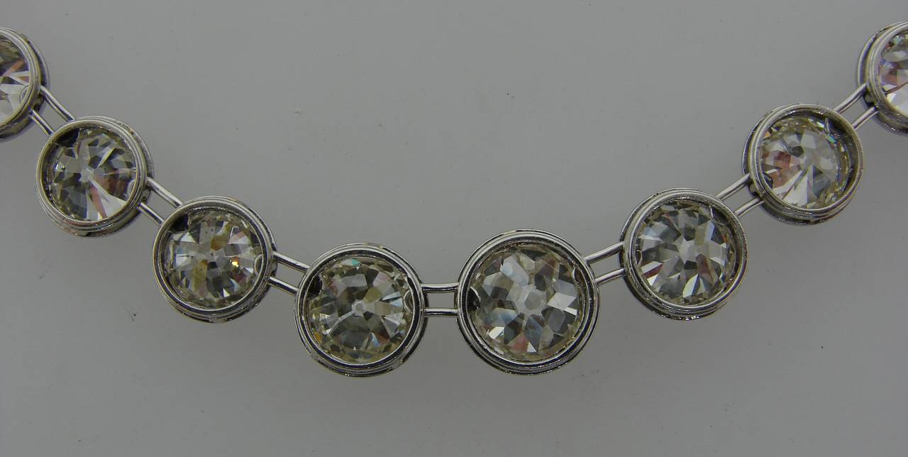 Art Deco Diamond Platinum Riviere Necklace 1920s 25 Carat Old European Cut 4