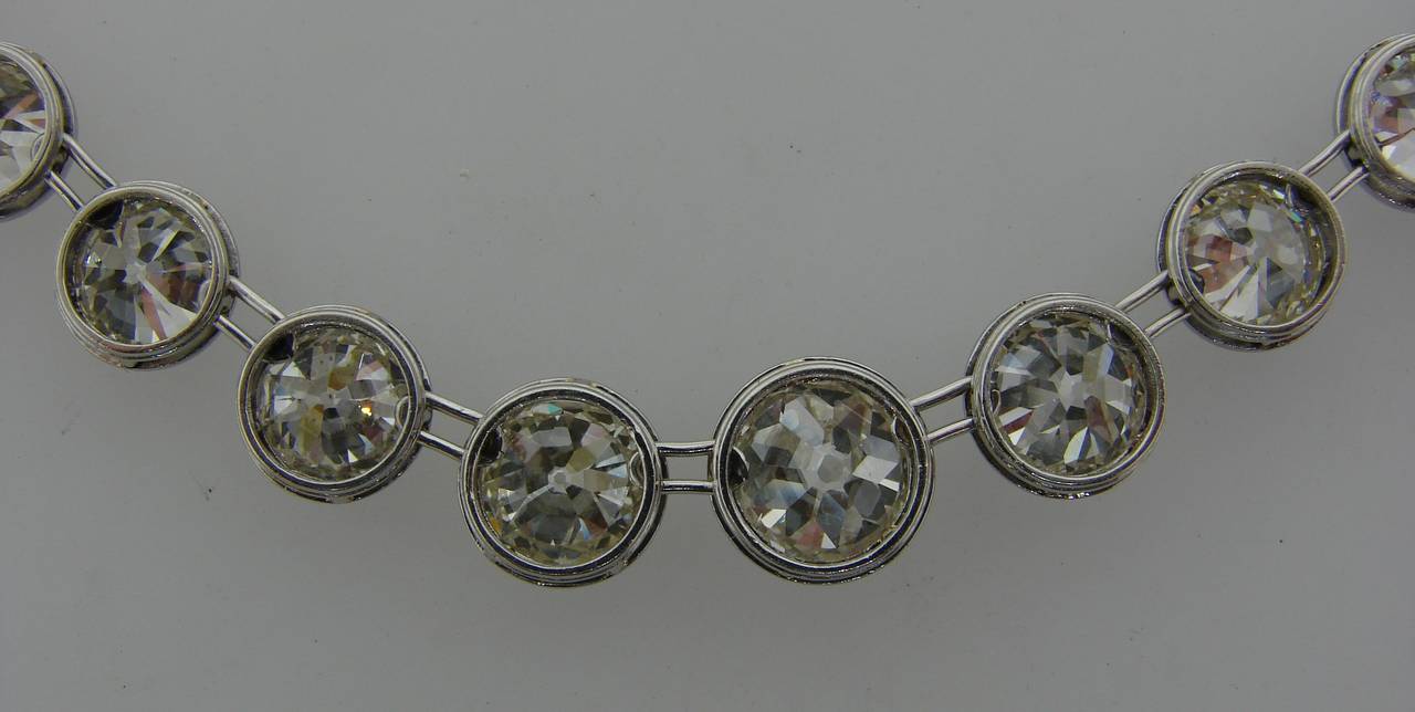 Art Deco Diamond Platinum Riviere Necklace 1920s 25 Carat Old European Cut 3