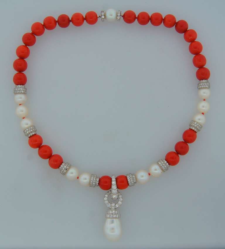 1980s David Webb Pearl Coral Diamond Platinum Detachable Necklace In Excellent Condition In Beverly Hills, CA