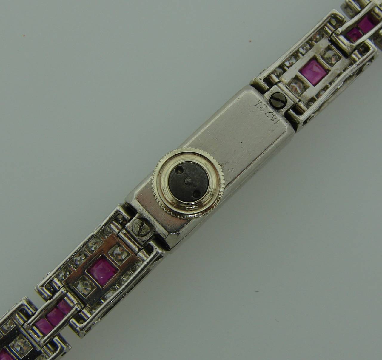 Art Deco Cartier Platinum Bracelet Wristwatch Diamond Ruby In Excellent Condition In Beverly Hills, CA