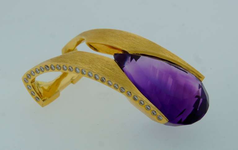 Thierry Vendome Amethyst Diamond Yellow Gold Ring In Excellent Condition In Beverly Hills, CA
