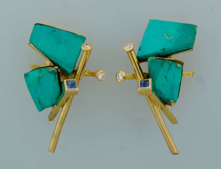 Contemporary Thierry Vendome Turquoise Tanzanite Diamond Yellow Gold Earrings