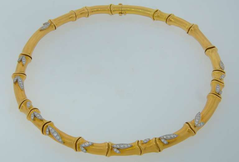 Gorgeous three-dimensional bamboo necklace created by Angela Cummings in 1986. It is so well made! - the necklace looks like a real bamboo just it is made of gold and diamonds :-) Each piece in the necklace moves independently - that  outstanding