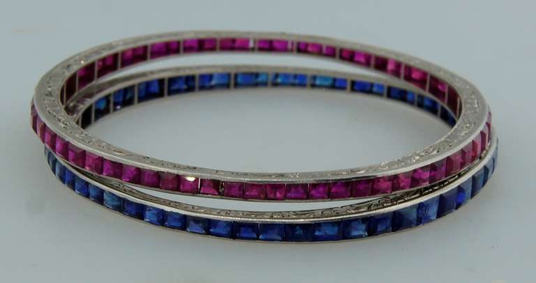 VAN CLEEF & ARPELS Art Deco Pair of Ruby Sapphire & Platinum Bangle Bracelets 1