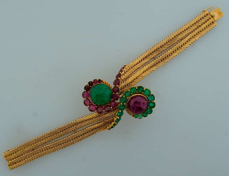 1960s Ruby Emerald Yellow Gold French Bracelet In Excellent Condition In Beverly Hills, CA