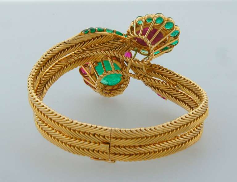 1960s Ruby Emerald Yellow Gold French Bracelet 1