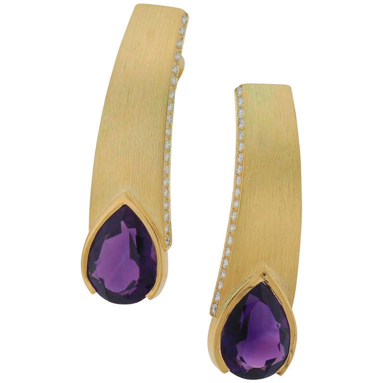 Vintage Thierry Vendome 18k Yellow Gold Earrings Amethyst Diamond Estate Jewelry For Sale