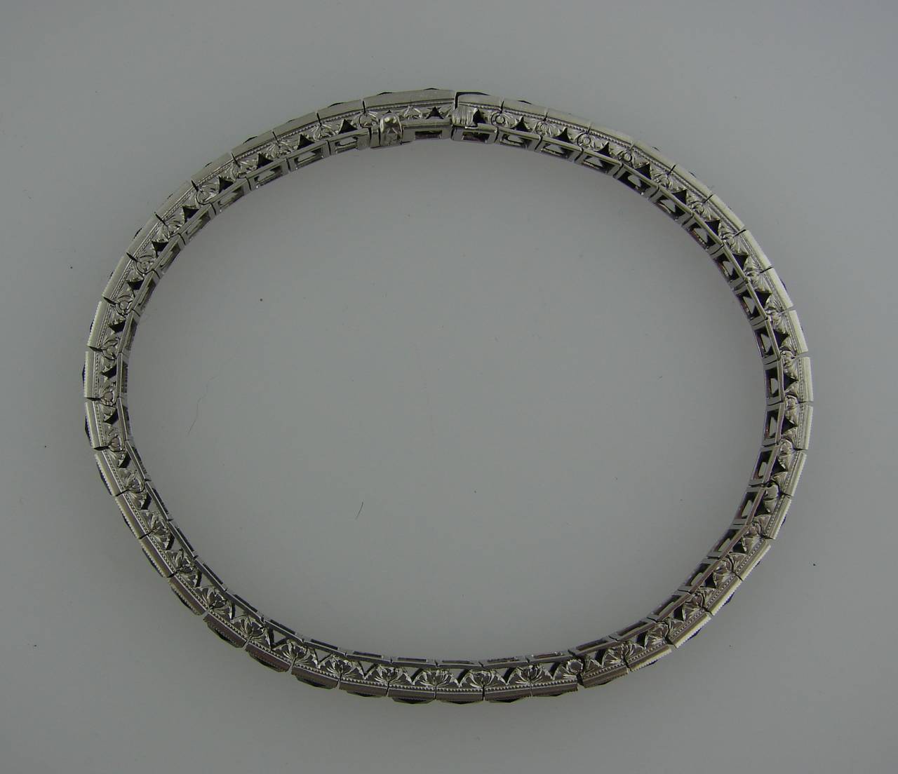 Women's or Men's Art Deco c. 1920s French Cut Black Onyx  Platinum Tennis Bracelet