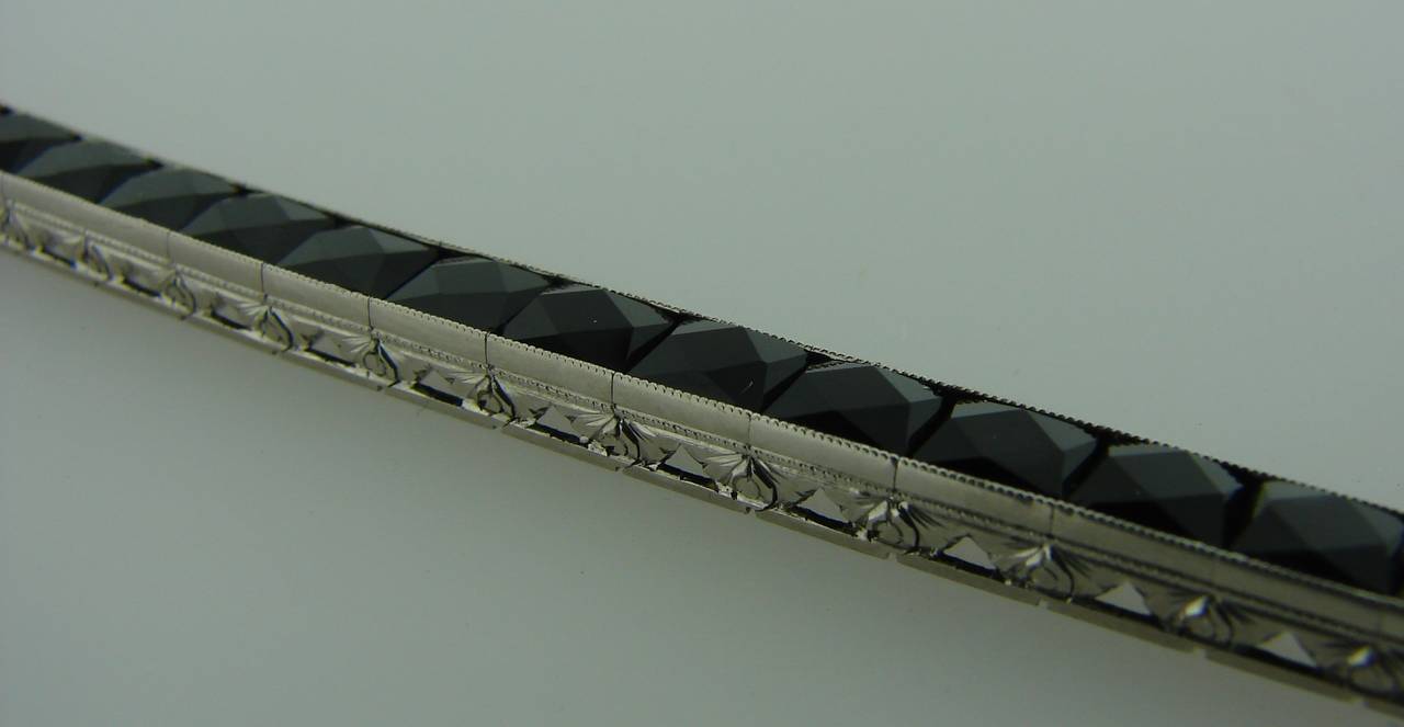 Art Deco c. 1920s French Cut Black Onyx  Platinum Tennis Bracelet In Good Condition In Beverly Hills, CA