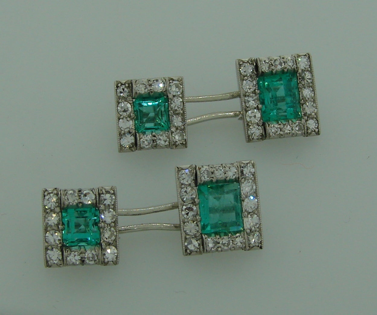 Art Deco c. 1910s Emerald Diamond Platinum Cufflinks In Excellent Condition In Beverly Hills, CA