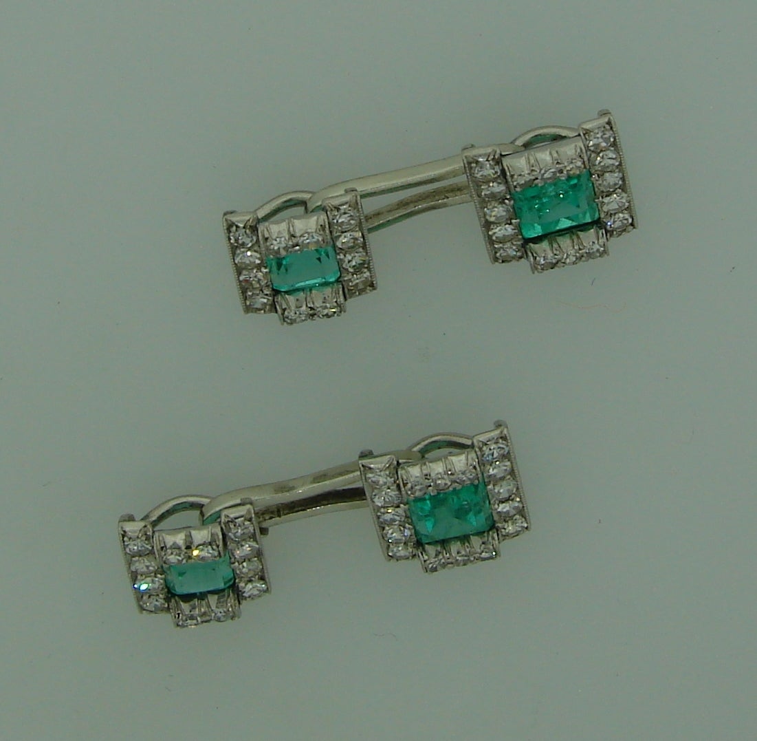 Women's or Men's Art Deco c. 1910s Emerald Diamond Platinum Cufflinks