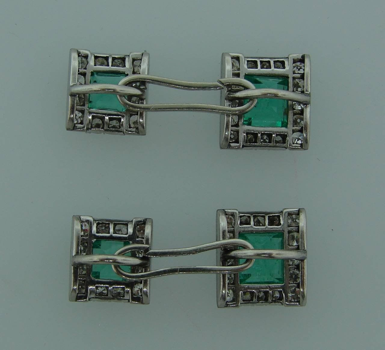 Art Deco c. 1910s Emerald Diamond Platinum Cufflinks 1