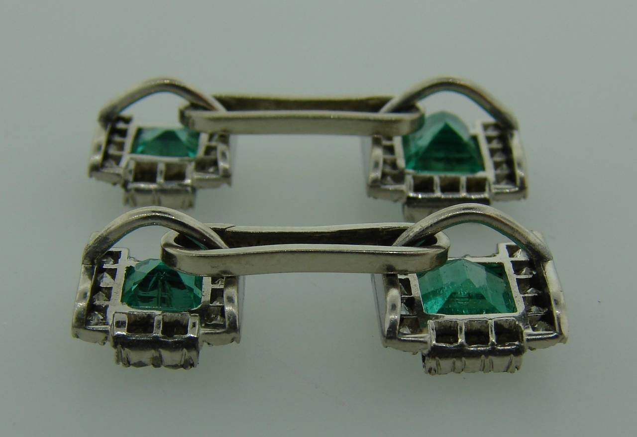 Art Deco c. 1910s Emerald Diamond Platinum Cufflinks 2
