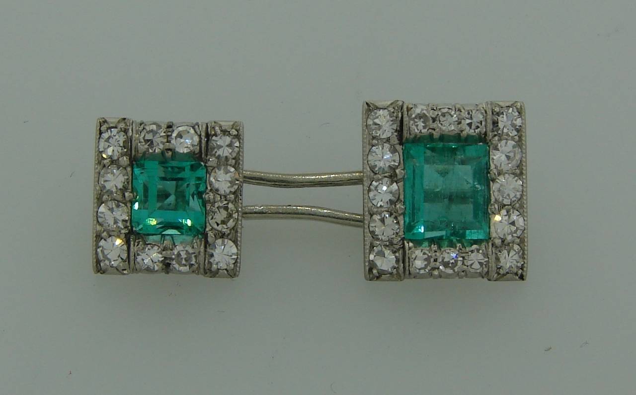Art Deco c. 1910s Emerald Diamond Platinum Cufflinks 3