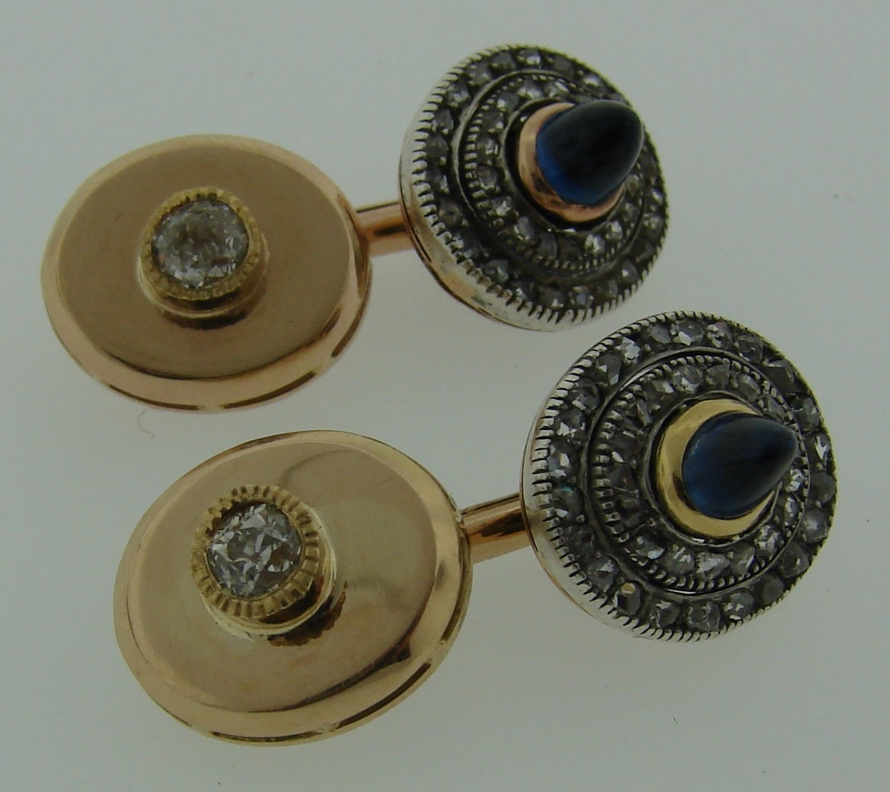 Antique Sapphire Silver Diamond Gold Cufflinks In Excellent Condition In Beverly Hills, CA