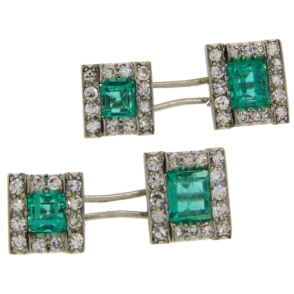Art Deco c. 1910s Emerald Diamond Platinum Cufflinks