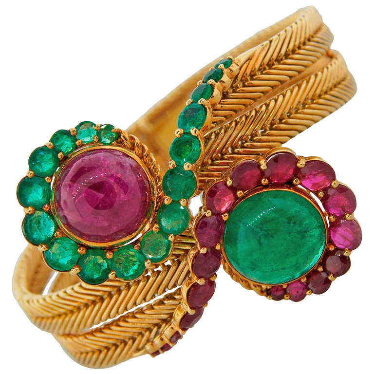 1960s Ruby Emerald Yellow Gold French Bracelet