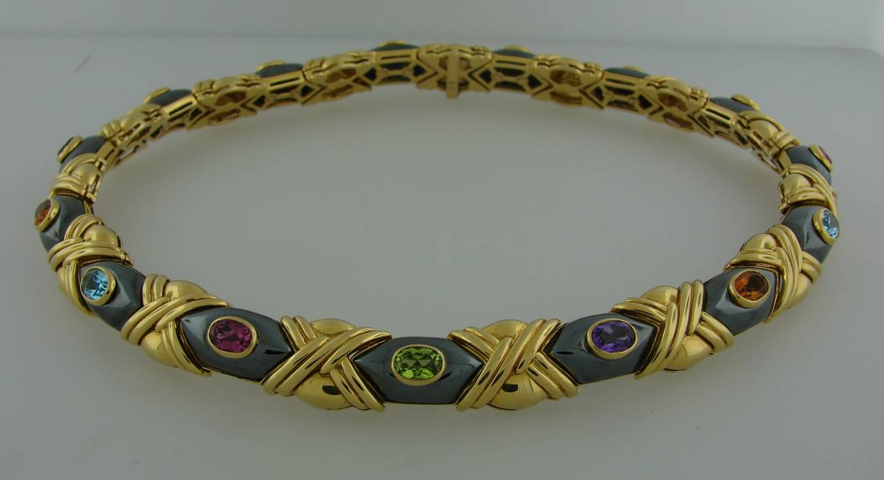 Bold yet elegant necklace created by Vacheron Constantin in the 1970's. Three-dimensional design, tasteful combination of colors and materials are the highlights of this outstanding piece. Features hematite, peridot, amethyst, citrine, aquamarine,