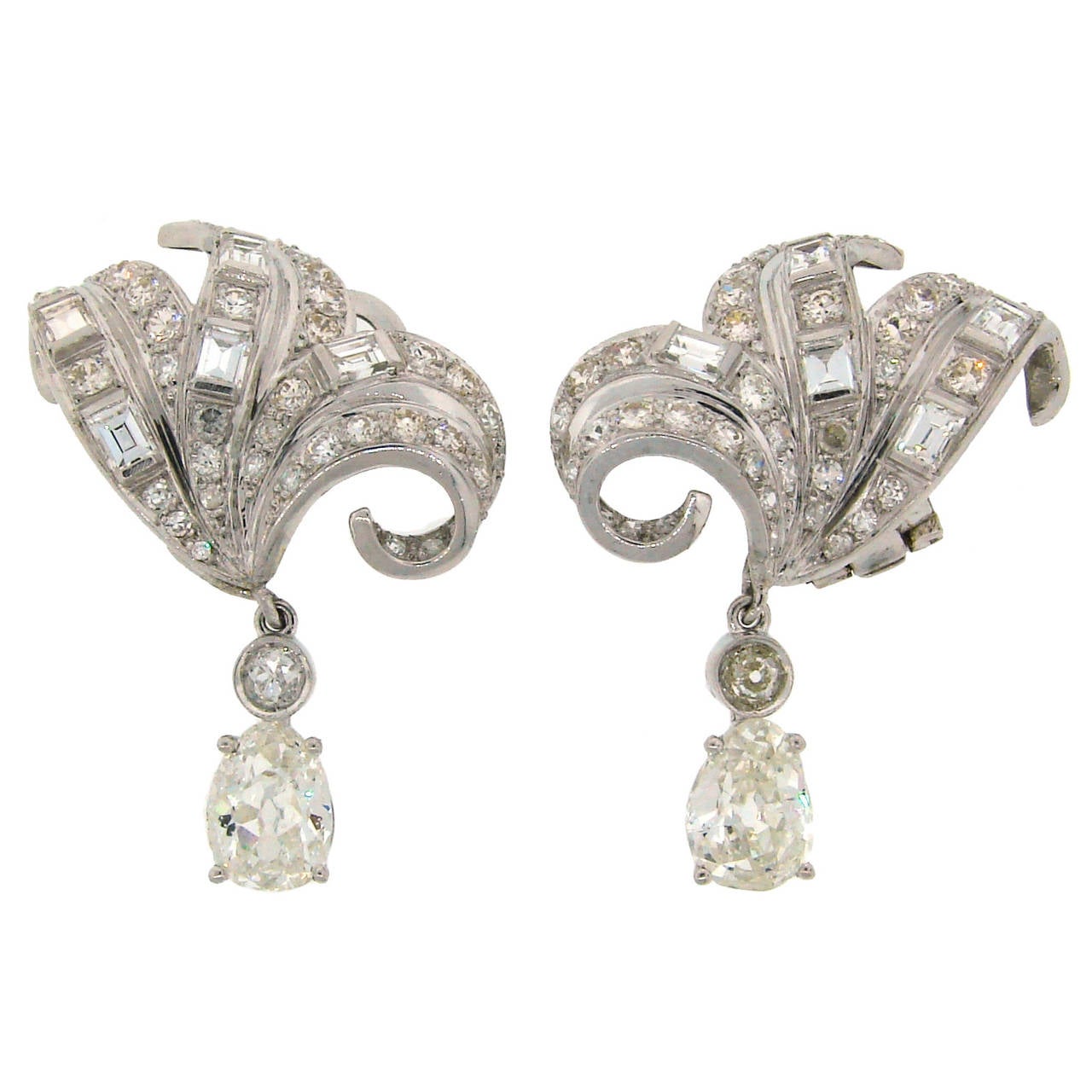 Art Deco Diamond Platinum ClipOn Earrings For Sale at 1stdibs