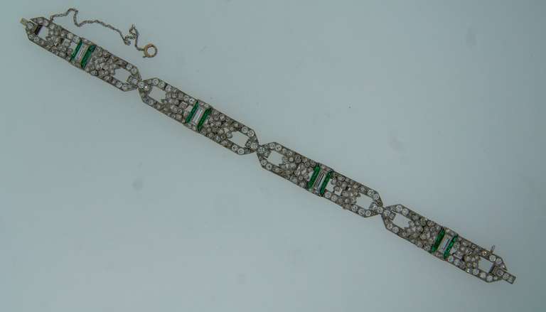 Women's Art Deco Diamond Emerald Platinum Bracelet